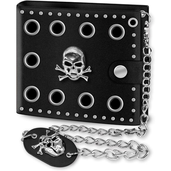 Black Gothic Skull Wallet Punk Leather Chain Bifold with Studded  Edges For Men - Picture 1 of 7